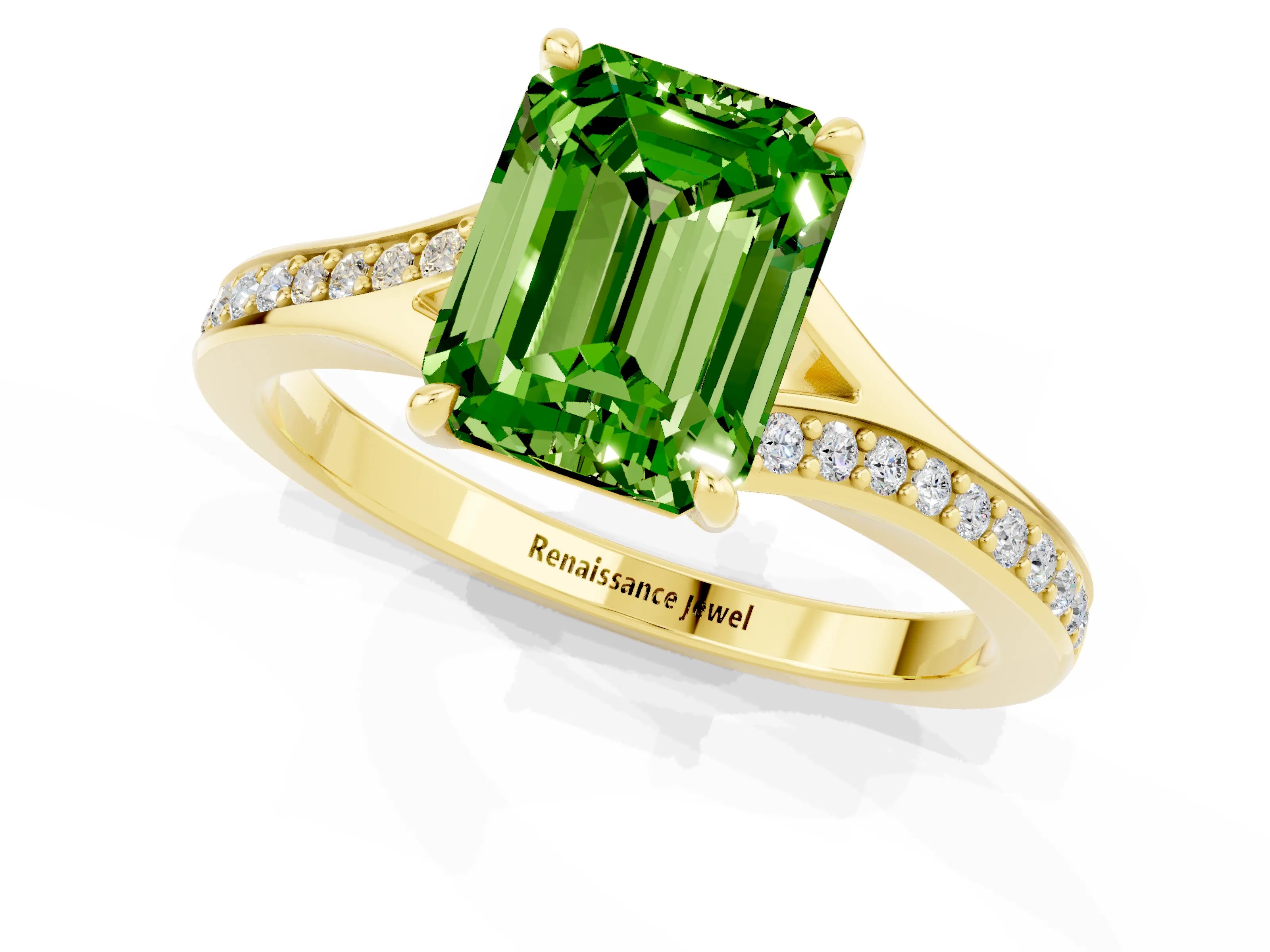 Yellow gold Emerald Cut Peridot Solitaire Ring with Pavé Band and Prong Setting_25