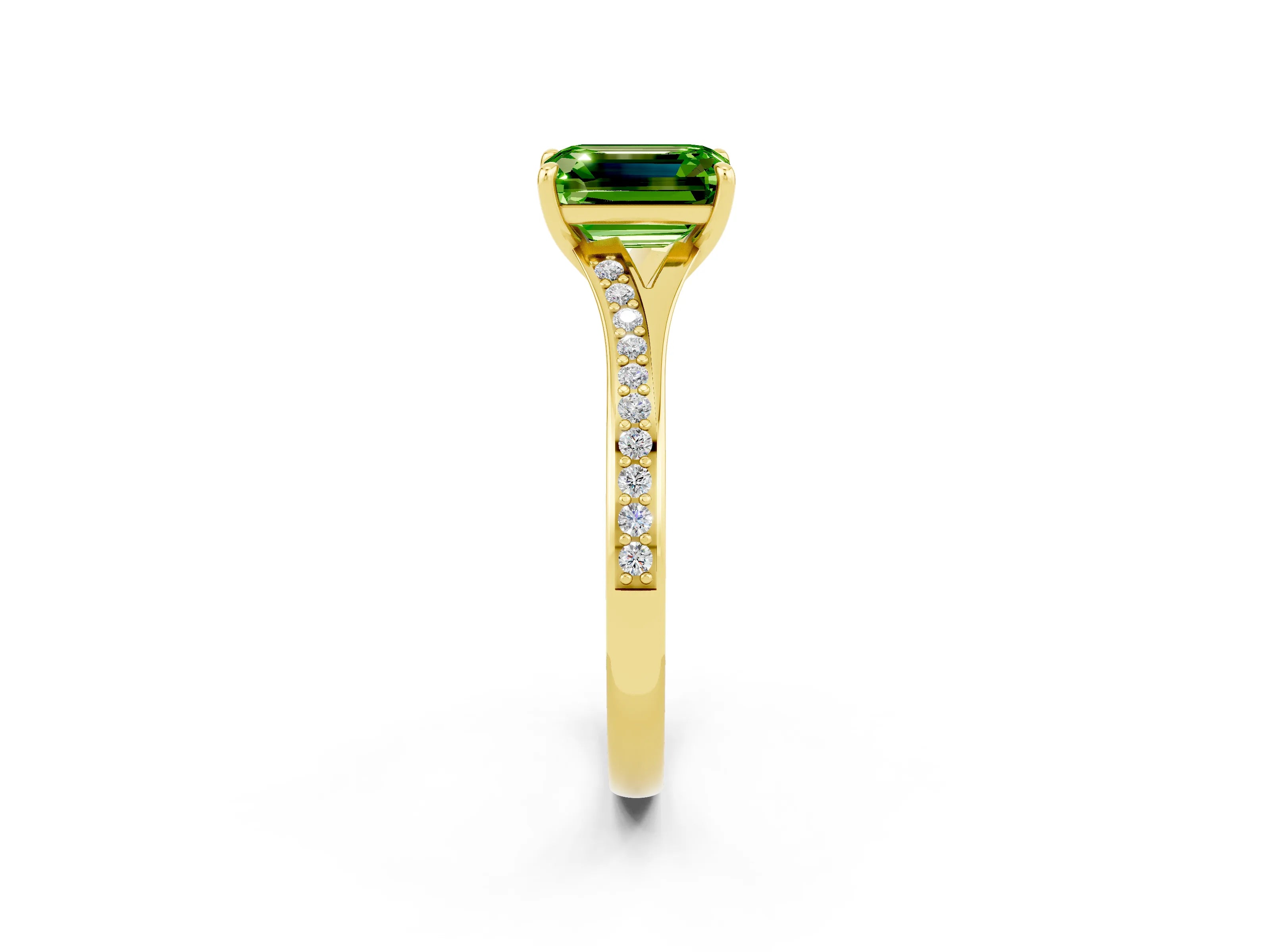 Yellow gold Emerald Cut Peridot Solitaire Ring with Pavé Band and Prong Setting_26