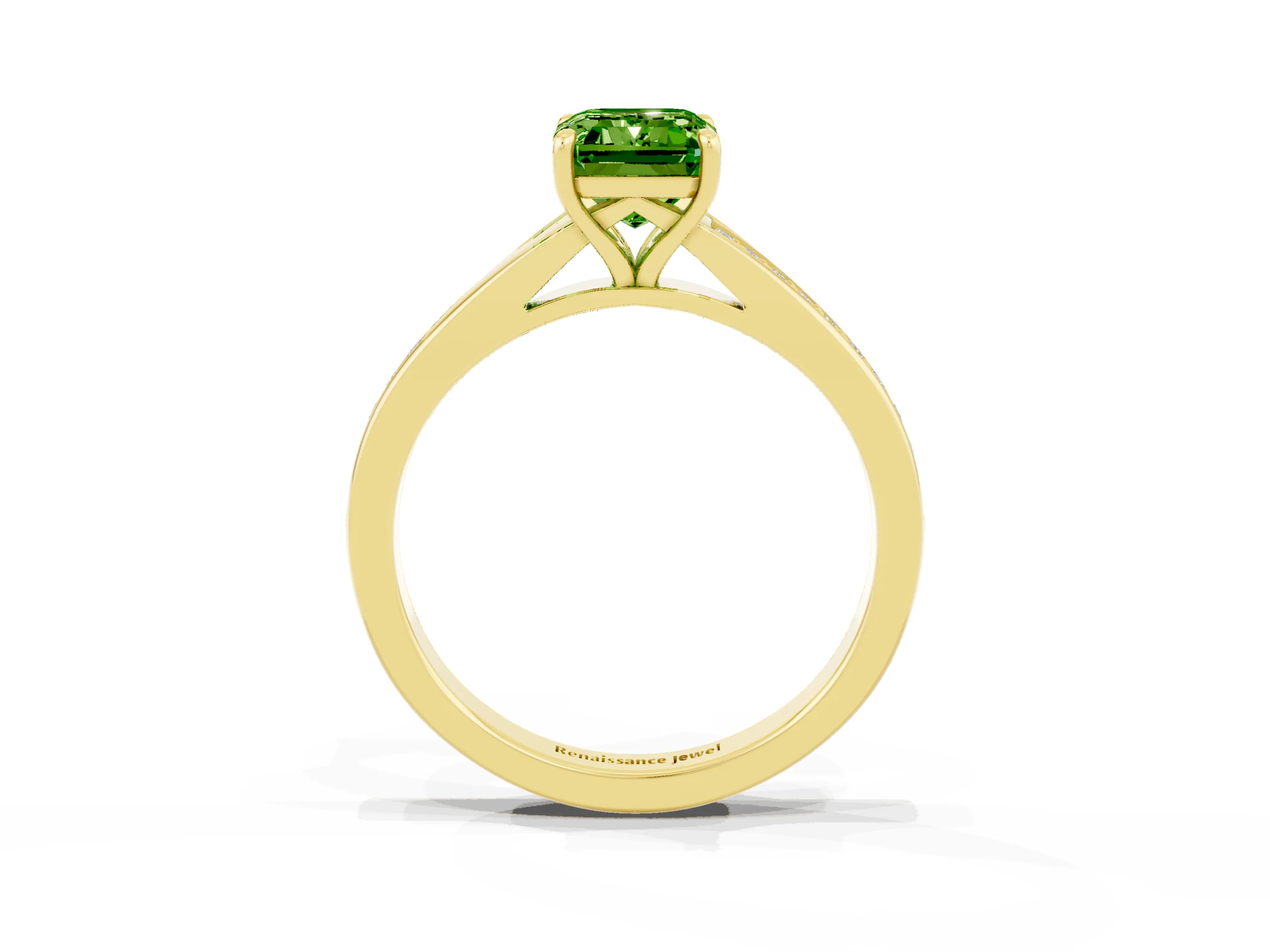 Yellow gold Emerald Cut Peridot Solitaire Ring with Pavé Band and Prong Setting_27