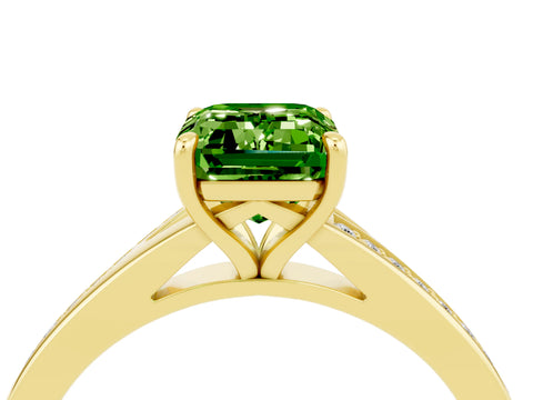 Yellow gold Emerald Cut Peridot Solitaire Ring with Pavé Band and Prong Setting_28