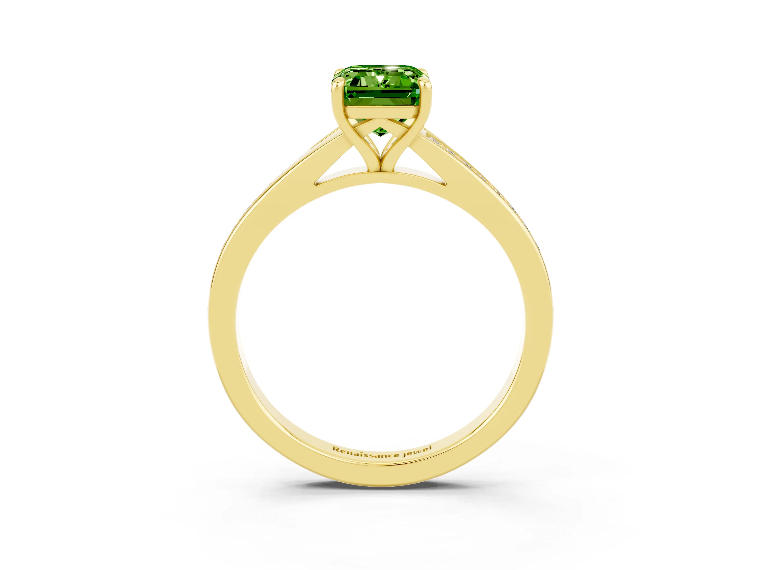 Yellow gold Emerald Cut Peridot Solitaire Ring with Pavé Band and Prong Setting_3