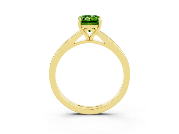 Yellow gold Emerald Cut Peridot Solitaire Ring with Pavé Band and Prong Setting