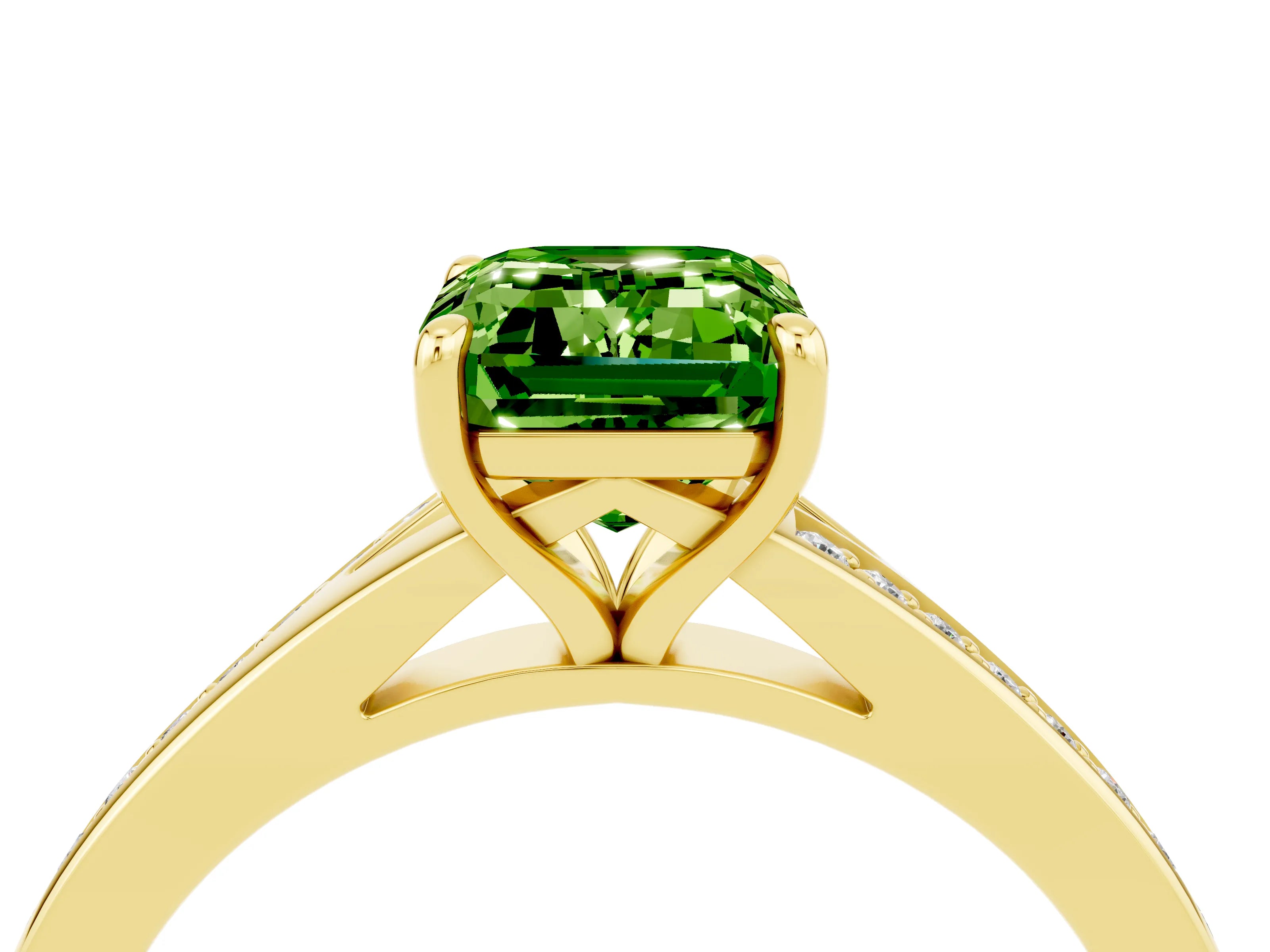 Yellow gold Emerald Cut Peridot Solitaire Ring with Pavé Band and Prong Setting_4