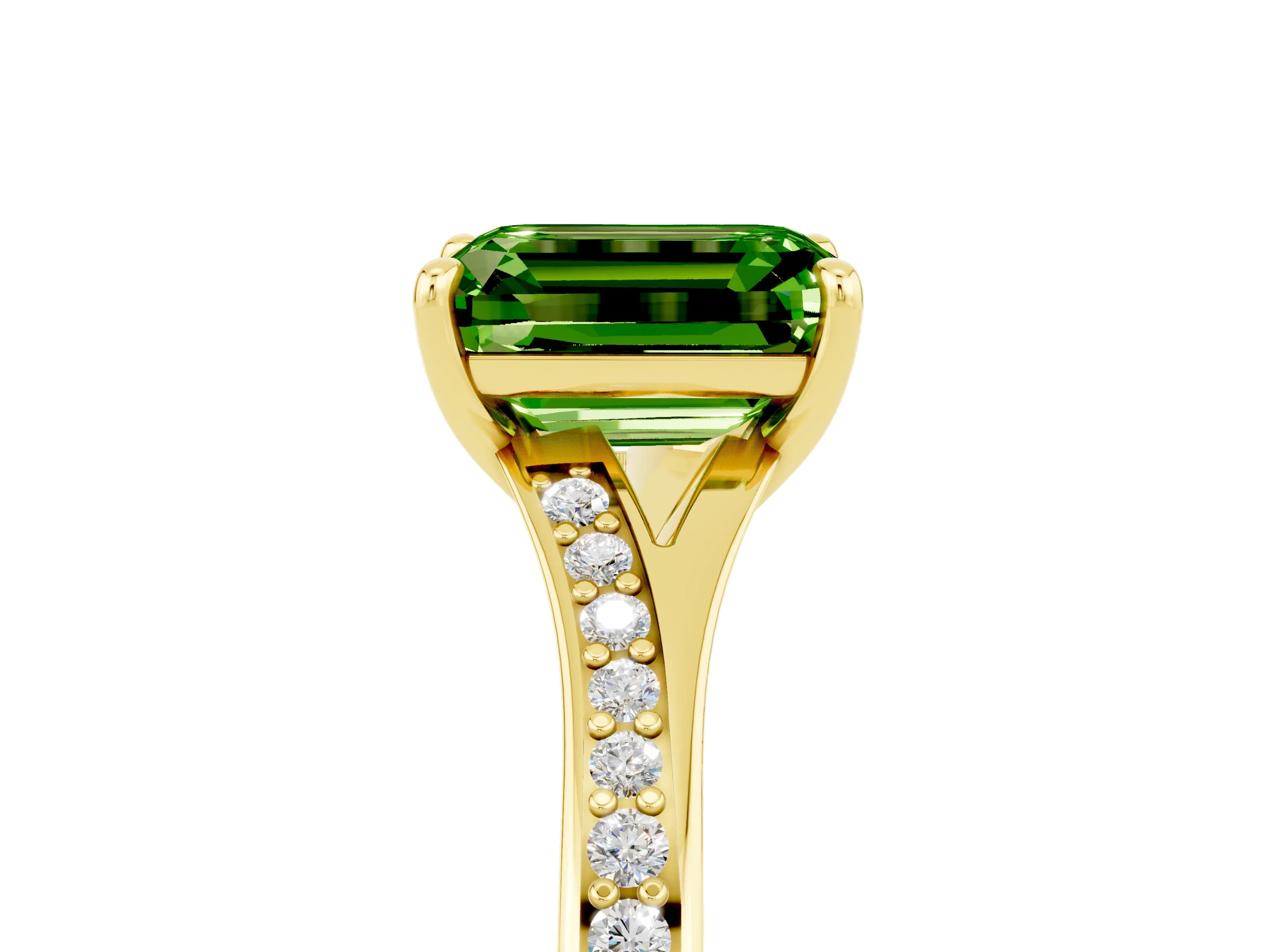 Yellow gold Emerald Cut Peridot Solitaire Ring with Pavé Band and Prong Setting_5