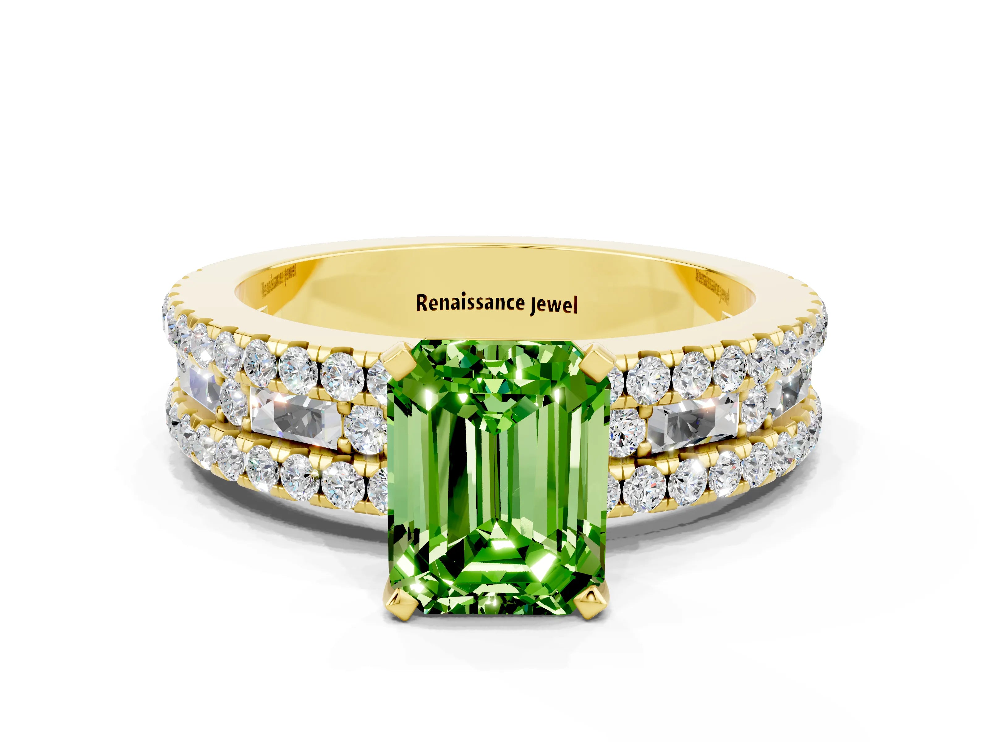 Yellow gold Emerald Cut Peridot Solitaire Ring with Pavé and Channel Set Band