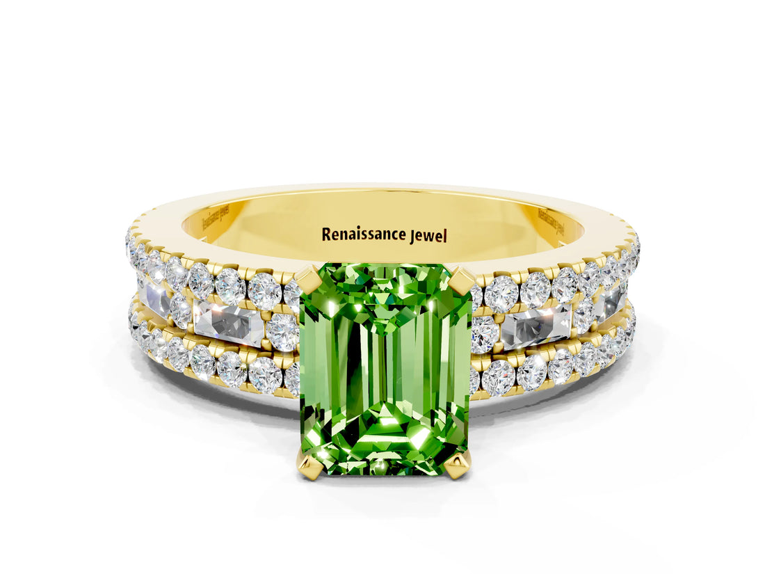 Yellow gold Emerald Cut Peridot Solitaire Ring with Pavé and Channel Set Band