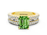 Yellow gold Emerald Cut Peridot Solitaire Ring with Pavé and Channel Set Band