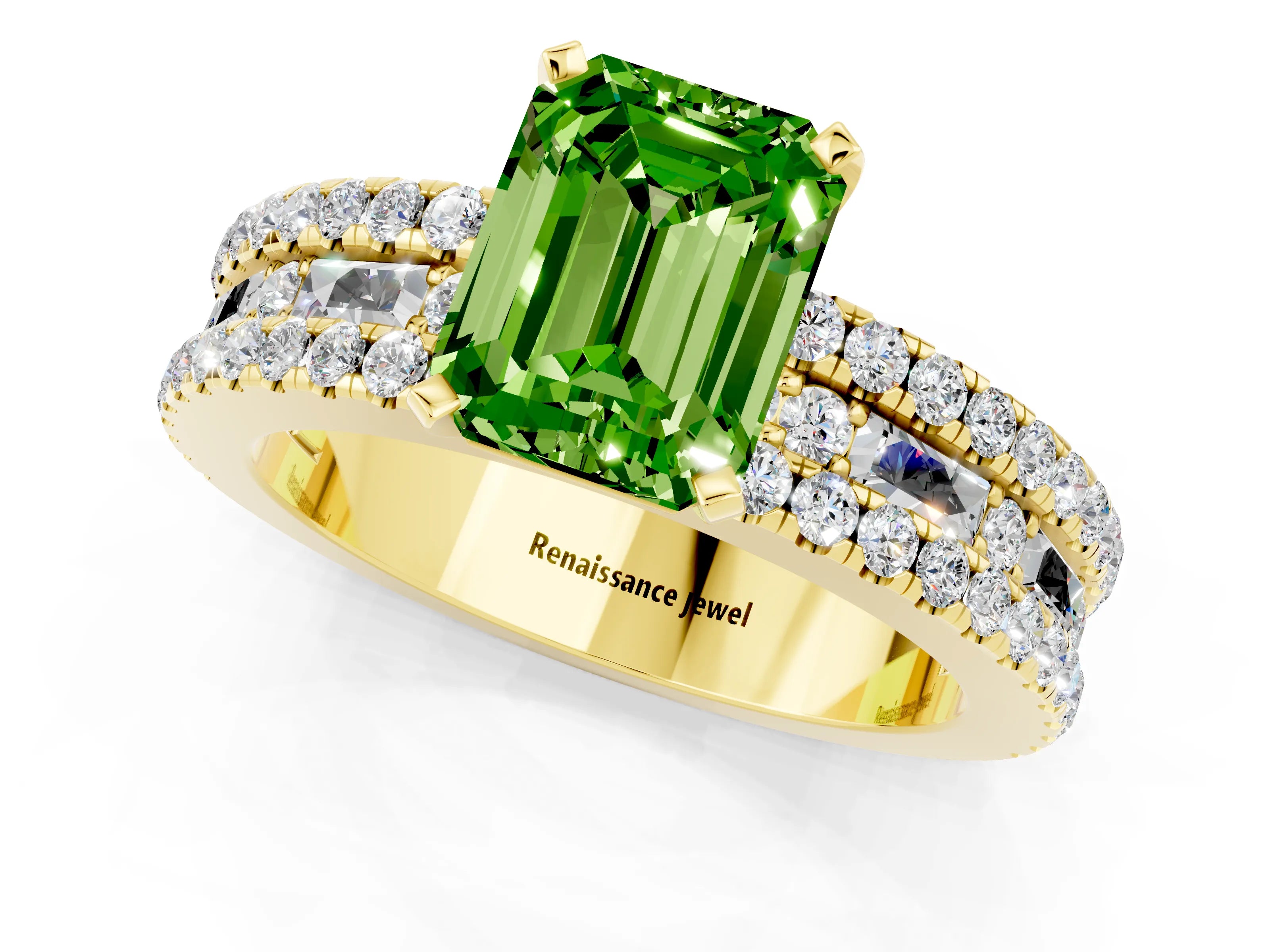 Yellow gold Emerald Cut Peridot Solitaire Ring with Pavé and Channel Set Band_1