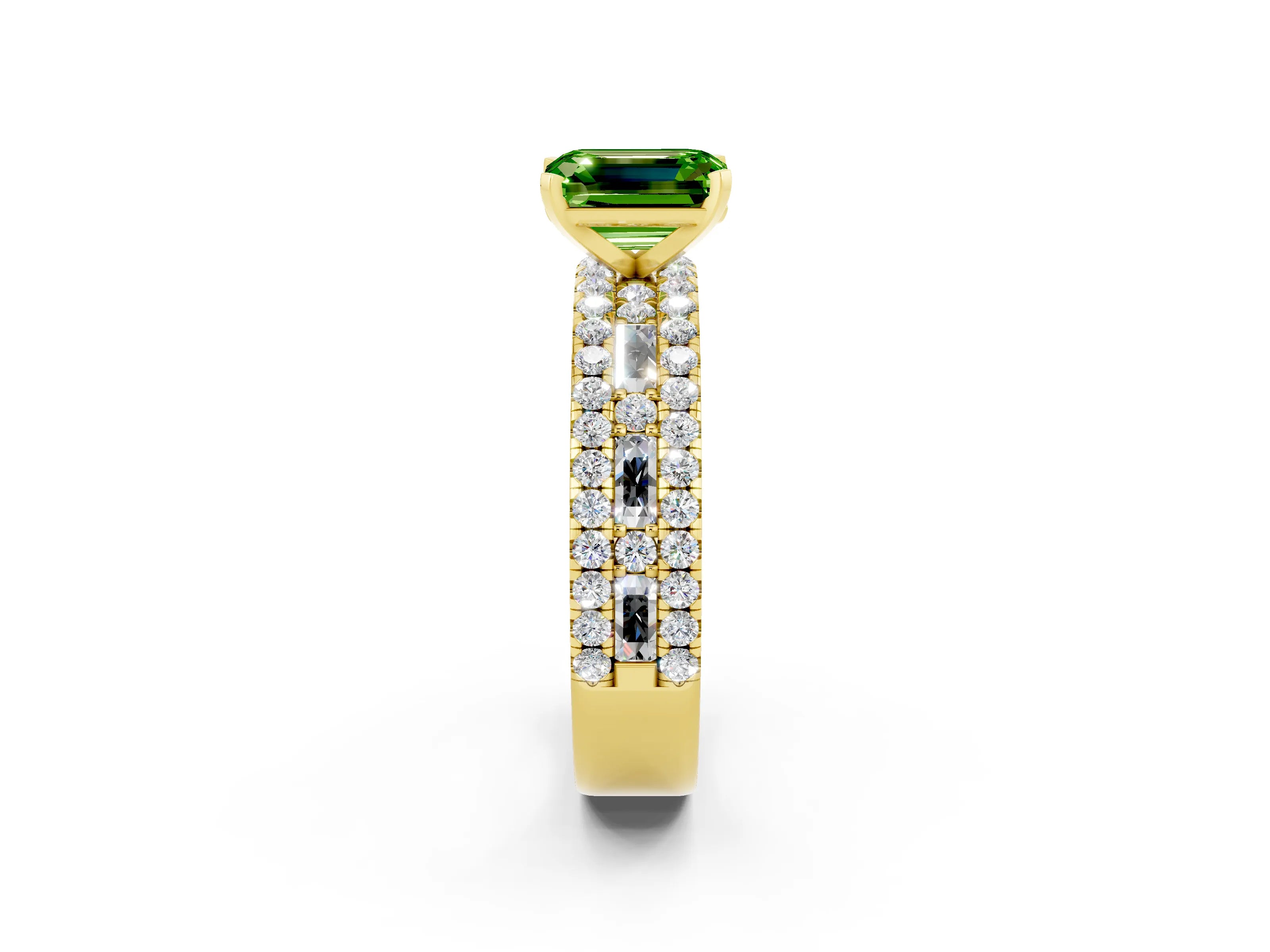 Yellow gold Emerald Cut Peridot Solitaire Ring with Pavé and Channel Set Band_2