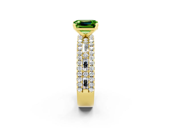 Yellow gold Emerald Cut Peridot Solitaire Ring with Pavé and Channel Set Band
