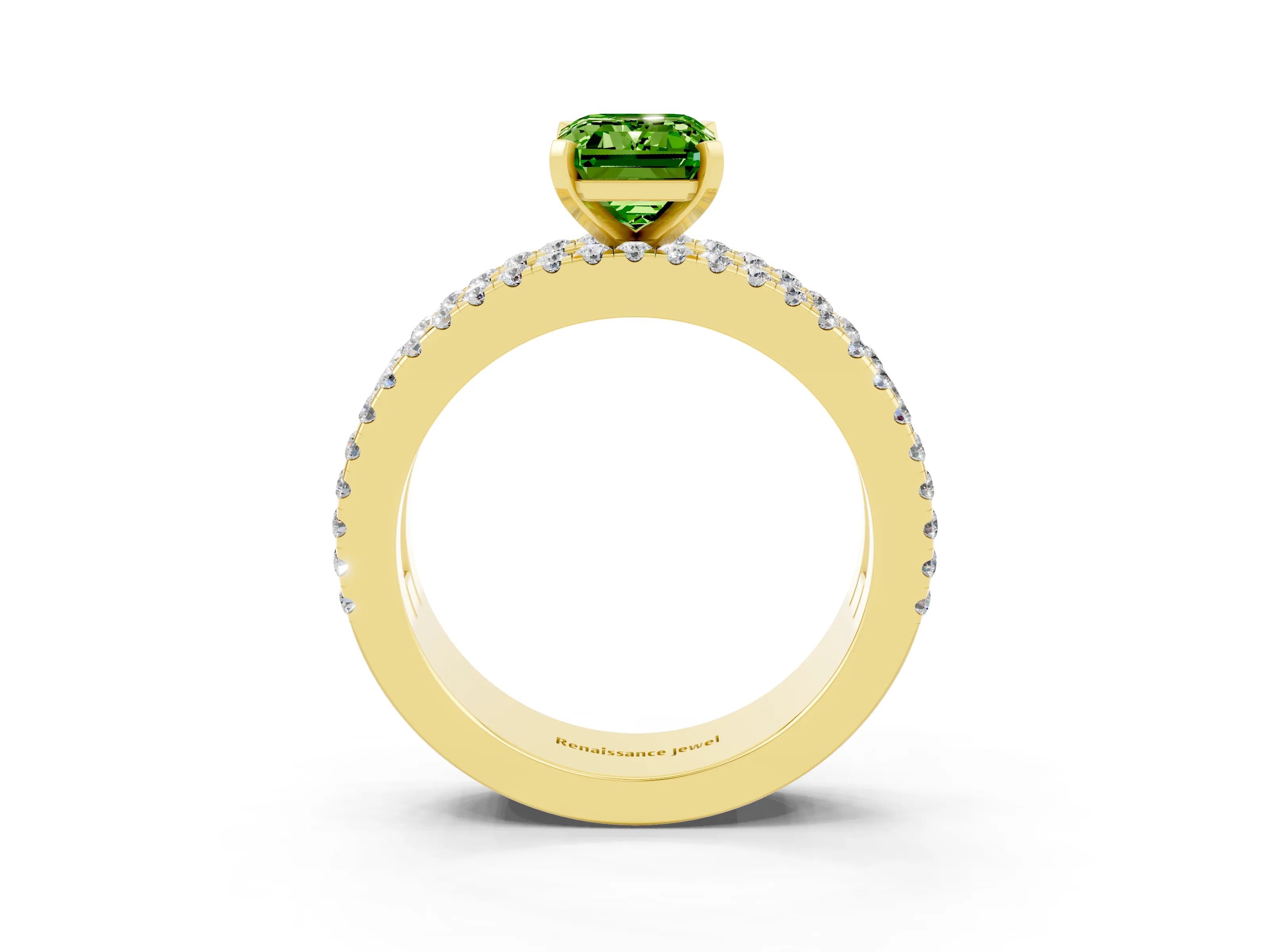 Yellow gold Emerald Cut Peridot Solitaire Ring with Pavé and Channel Set Band_3
