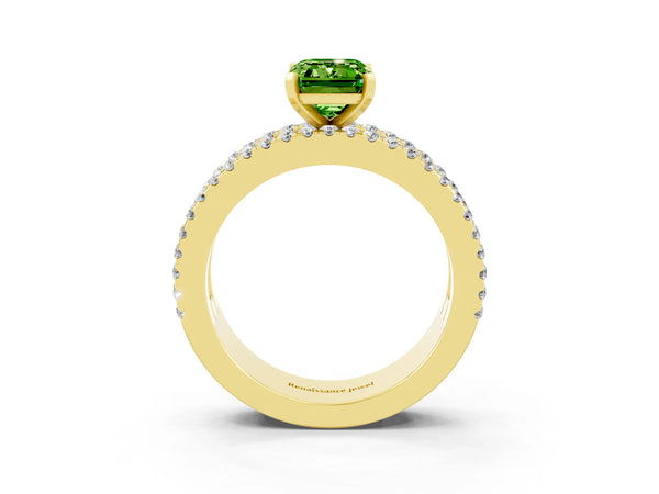Yellow gold Emerald Cut Peridot Solitaire Ring with Pavé and Channel Set Band