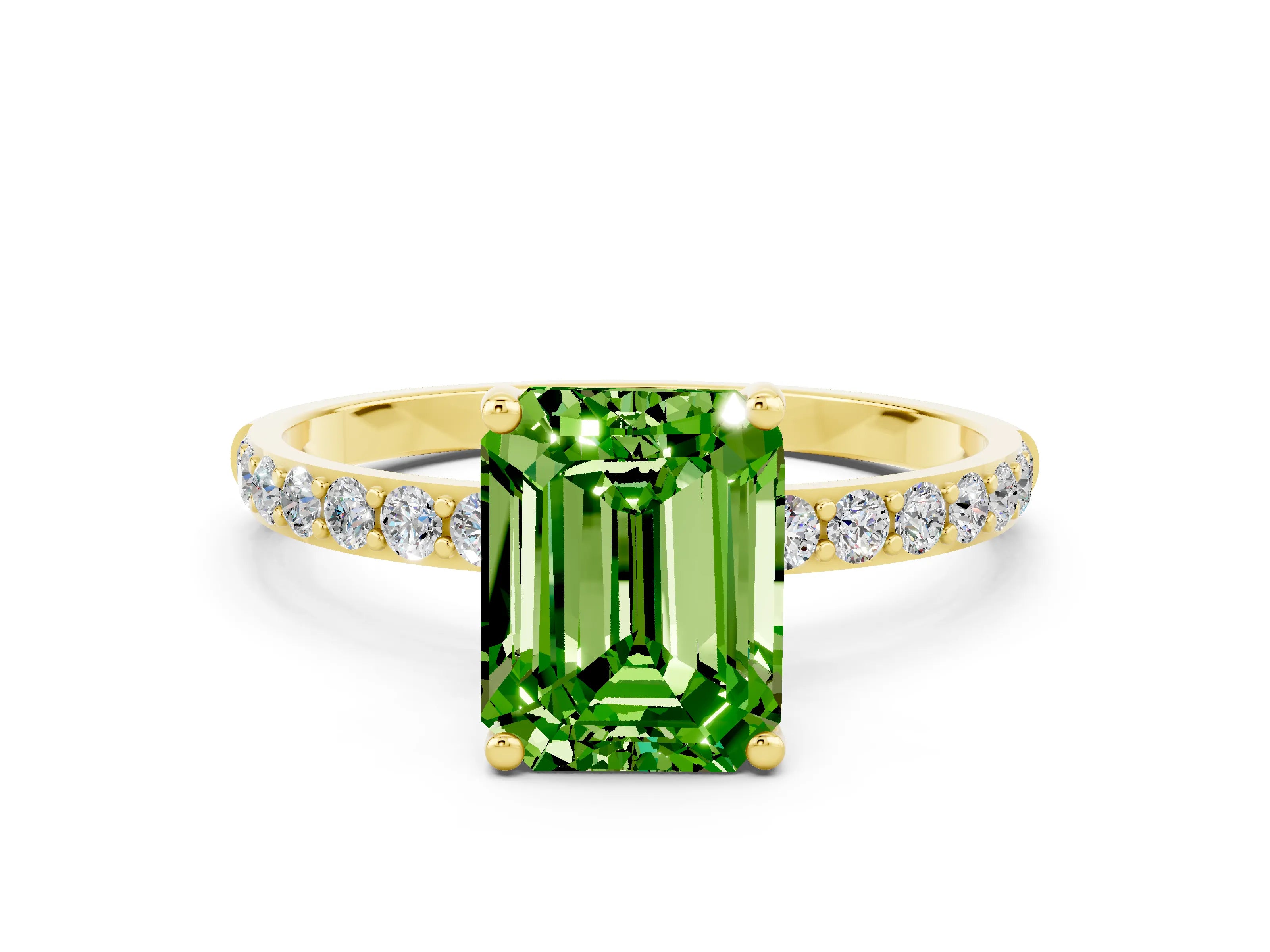Yellow gold Emerald Cut Peridot Solitaire Ring with Pave Band and Four Prong Setting