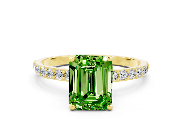 Yellow gold Emerald Cut Peridot Solitaire Ring with Round  Pavé Band and Prong Setting