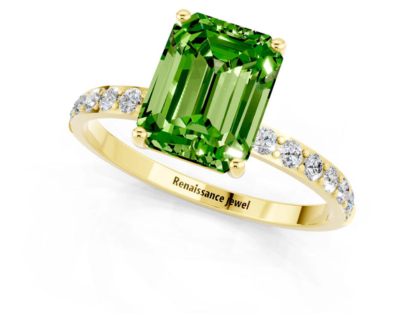 Yellow gold Emerald Cut Peridot Solitaire Ring with Round  Pavé Band and Prong Setting