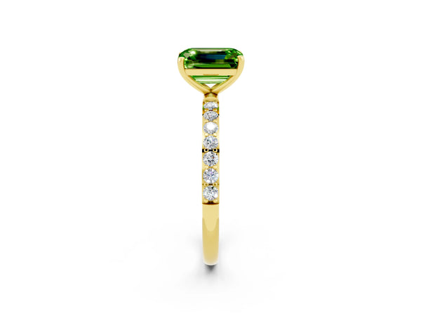 Yellow gold Emerald Cut Peridot Solitaire Ring with Round  Pavé Band and Prong Setting
