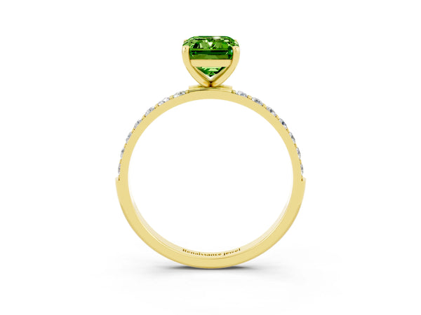 Yellow gold Emerald Cut Peridot Solitaire Ring with Round  Pavé Band and Prong Setting