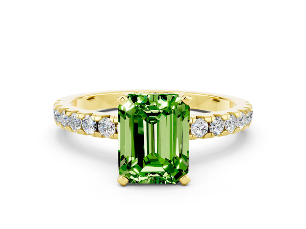 Yellow gold Emerald Cut Peridot Solitaire Ring with Round  Pavé Band and Four-Prong Setting