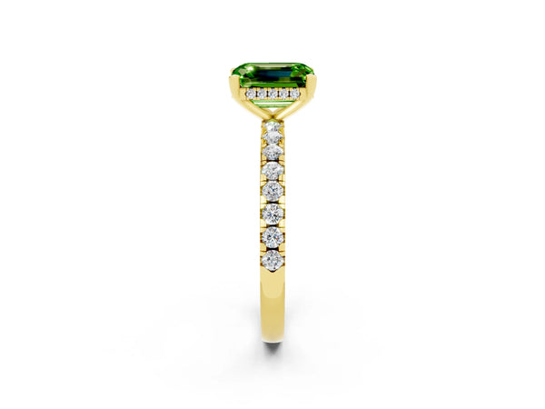 Yellow gold Emerald Cut Peridot Solitaire Ring with Round  Pavé Band and Four-Prong Setting