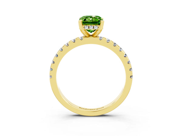 Yellow gold Emerald Cut Peridot Solitaire Ring with Round  Pavé Band and Four-Prong Setting