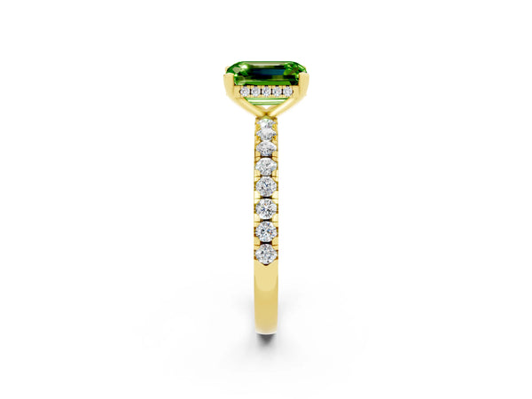 Yellow gold Emerald Cut Peridot Solitaire Ring with Round Pavé Band and Four-Prong Setting