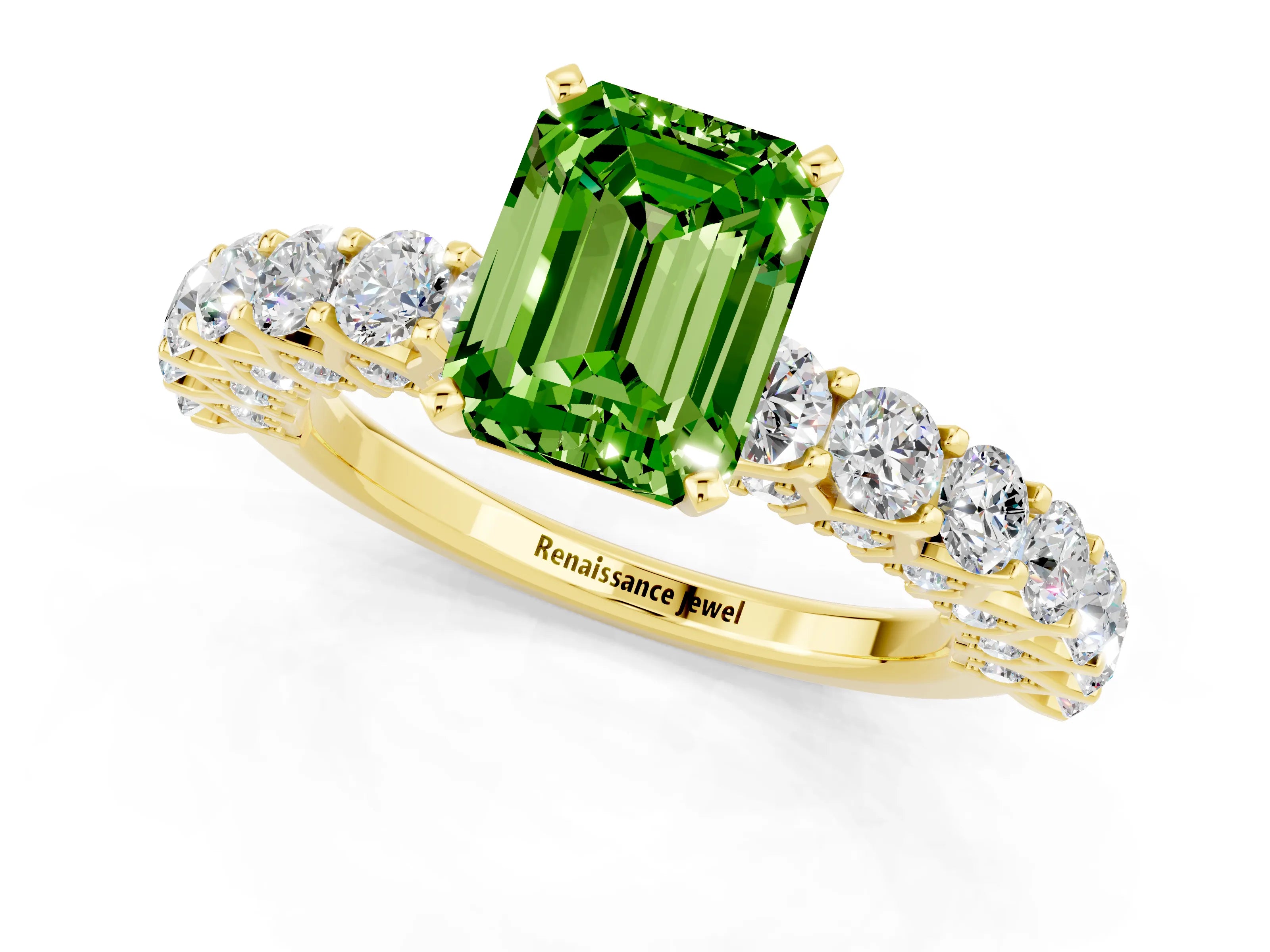 Yellow gold Emerald Cut Peridot Solitaire Ring with Shared Prong Pavé Band and Four-Prong Setting_1