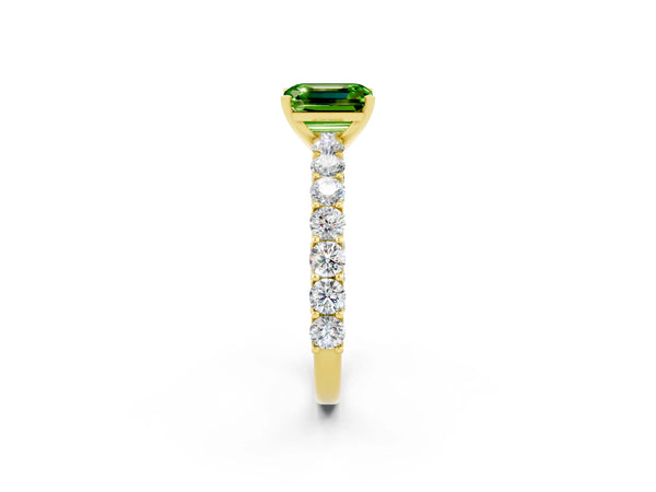Yellow gold Emerald Cut Peridot Solitaire Ring with Shared Prong Pavé Band and Four-Prong Setting