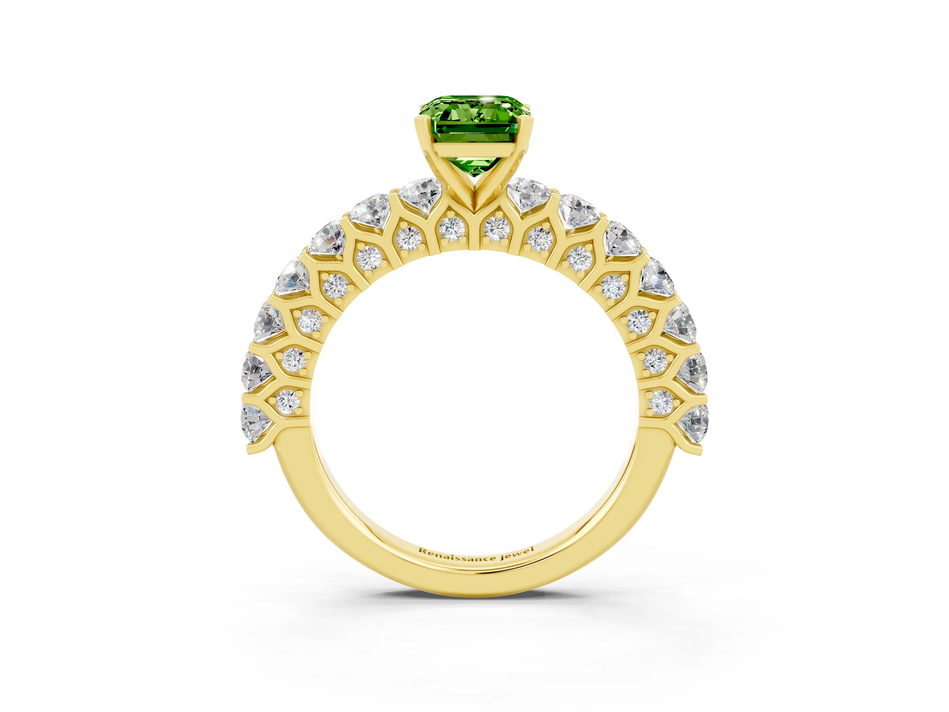Yellow gold Emerald Cut Peridot Solitaire Ring with Shared Prong Pavé Band and Four-Prong Setting_3