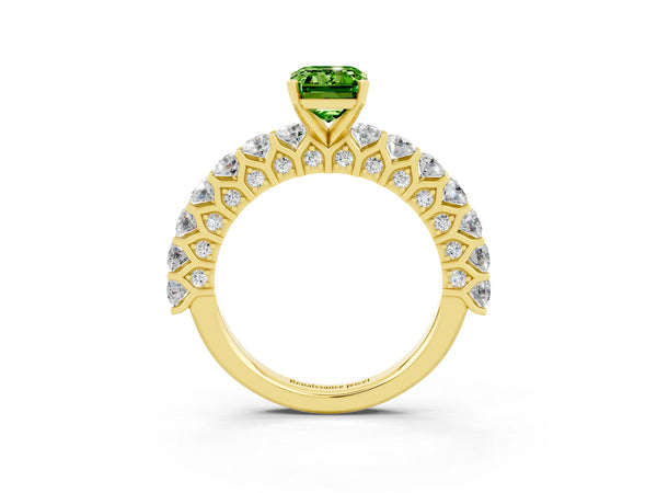 Yellow gold Emerald Cut Peridot Solitaire Ring with Shared Prong Pavé Band and Four-Prong Setting