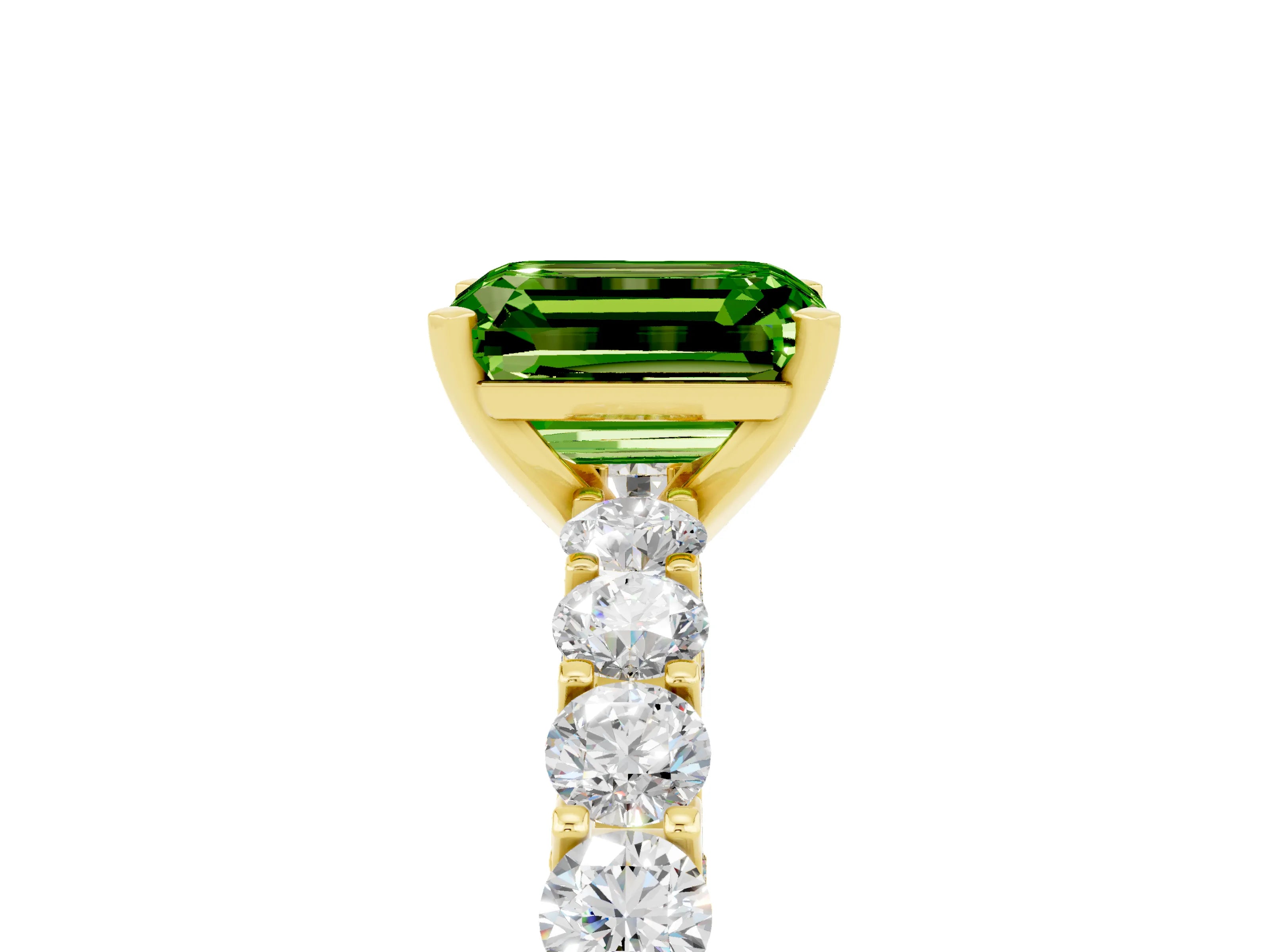 Yellow gold Emerald Cut Peridot Solitaire Ring with Shared Prong Pavé Band and Four-Prong Setting_5
