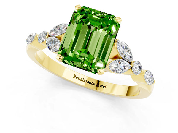 Yellow gold Emerald Cut Peridot Solitaire Ring with Side Stones and Four-Prong Setting