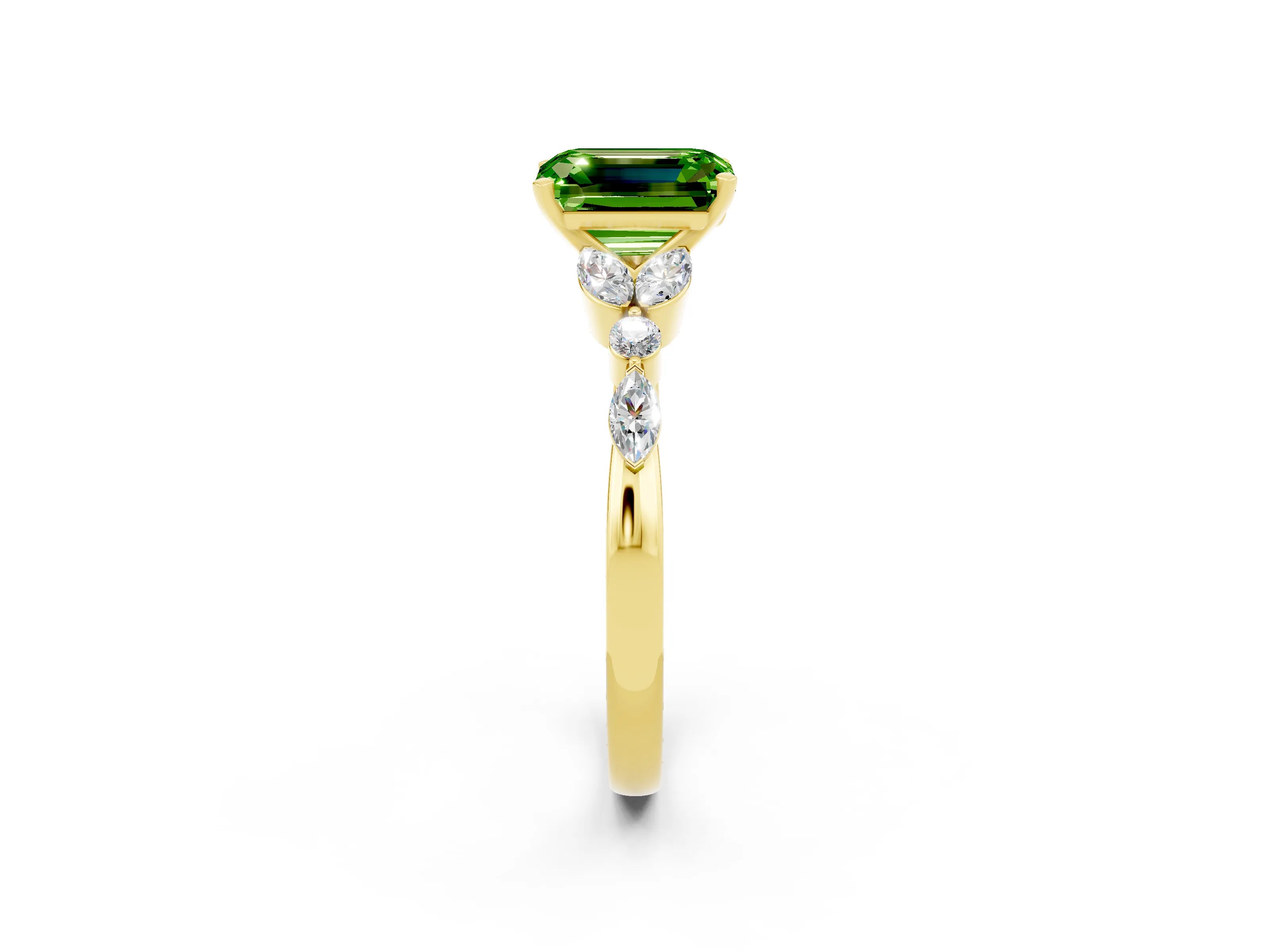 Yellow gold Emerald Cut Peridot Solitaire Ring with Side Stones and Four-Prong Setting_14