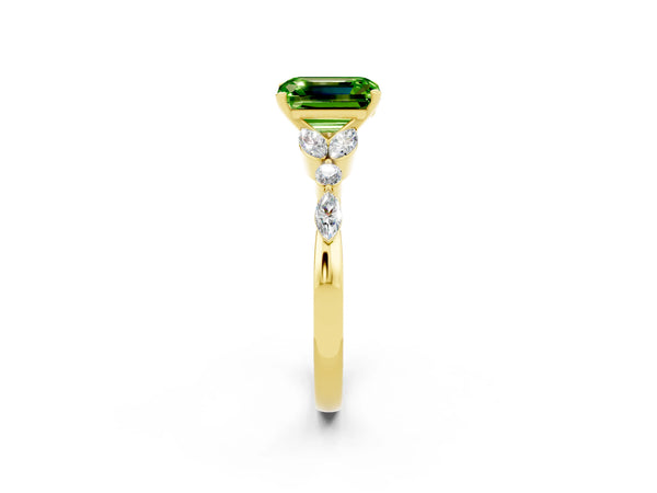 Yellow gold Emerald Cut Peridot Solitaire Ring with Side Stones and Four-Prong Setting