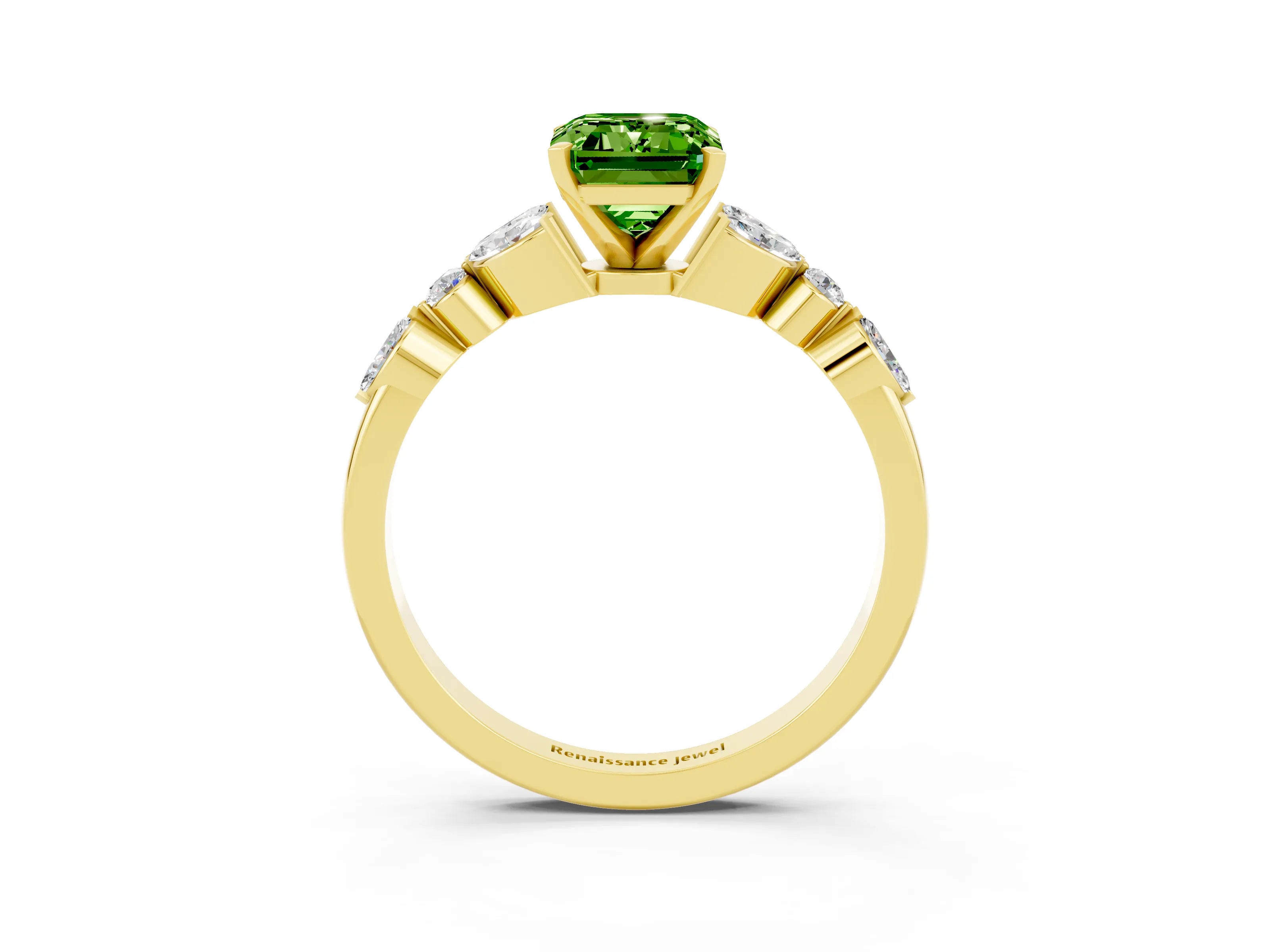 Yellow gold Emerald Cut Peridot Solitaire Ring with Side Stones and Four-Prong Setting_15