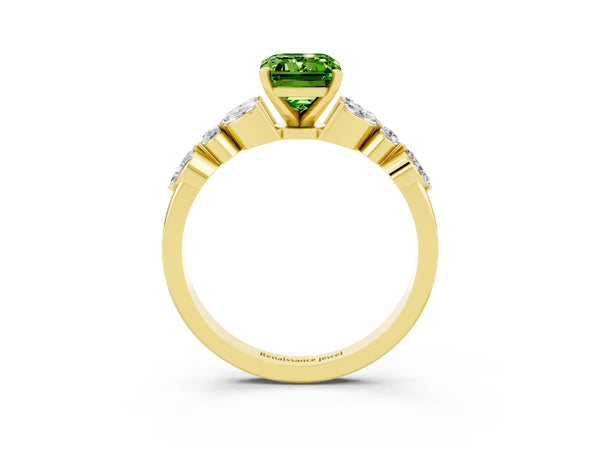 Yellow gold Emerald Cut Peridot Solitaire Ring with Side Stones and Four-Prong Setting