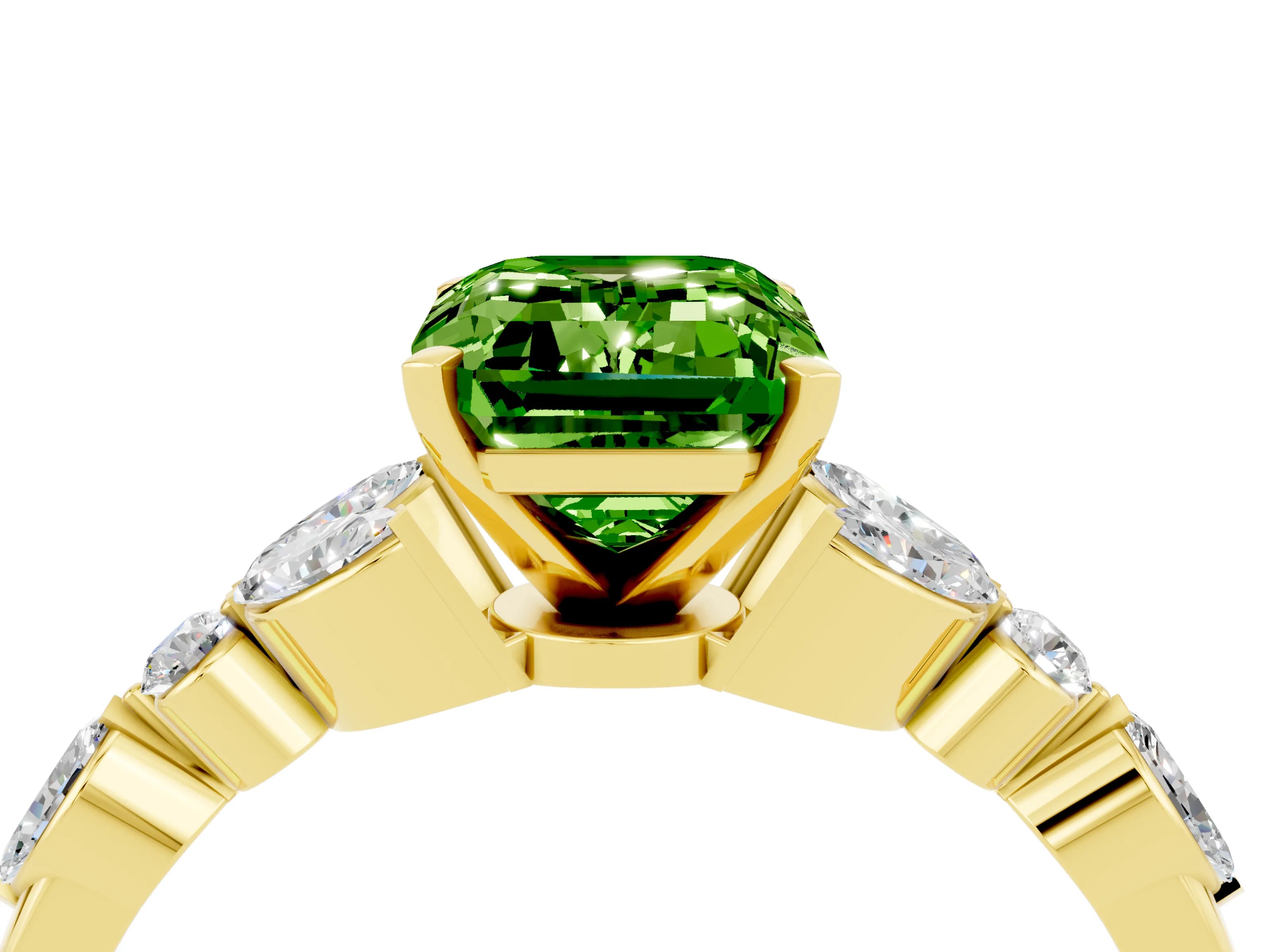 Yellow gold Emerald Cut Peridot Solitaire Ring with Side Stones and Four-Prong Setting_16