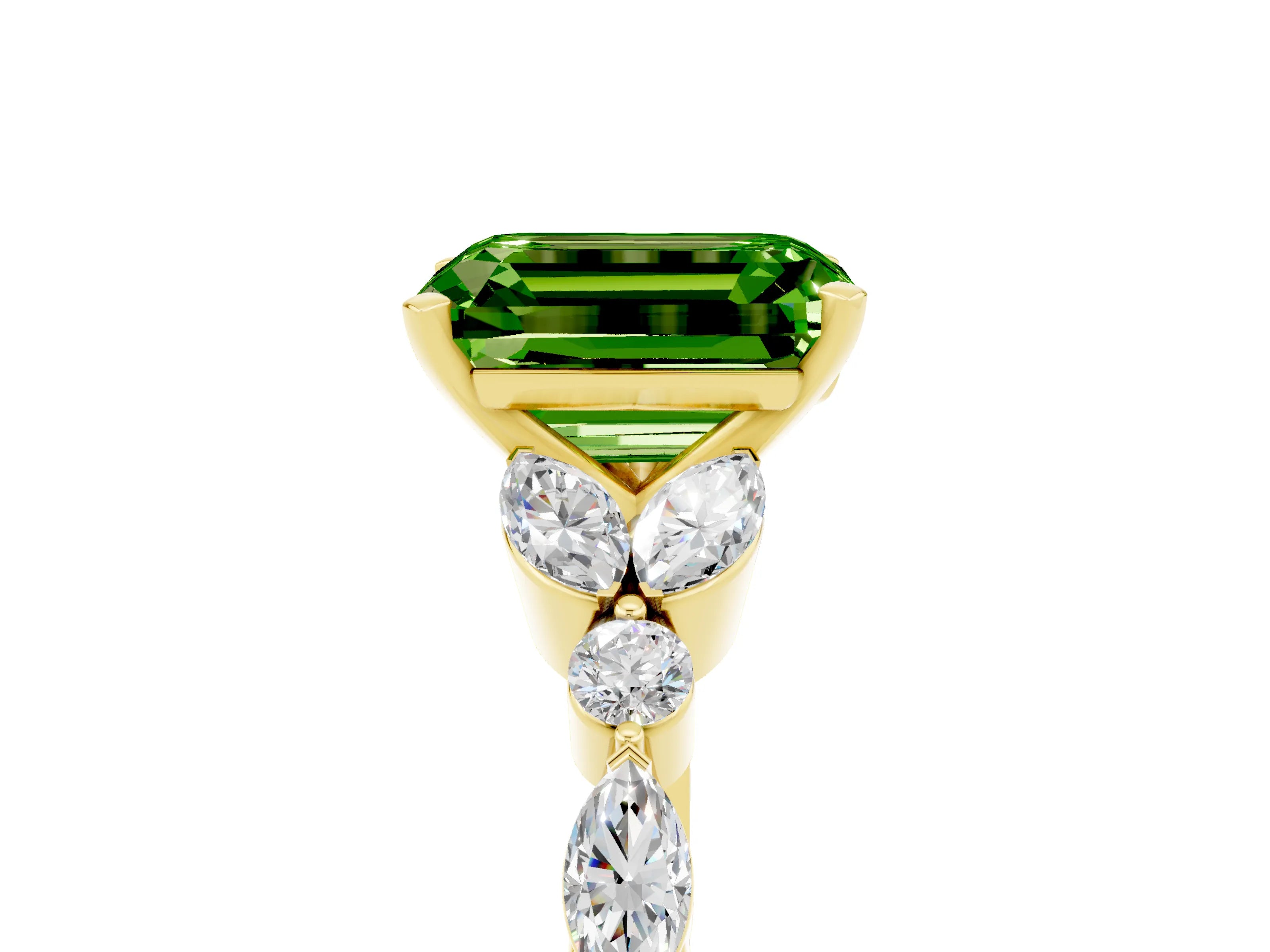 Yellow gold Emerald Cut Peridot Solitaire Ring with Side Stones and Four-Prong Setting_17