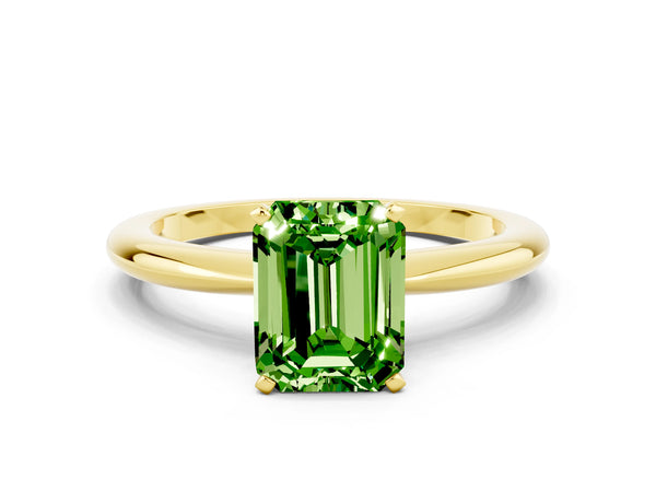 Yellow gold Emerald Cut Peridot Solitaire Ring with Six-Prong Setting and Classic Band