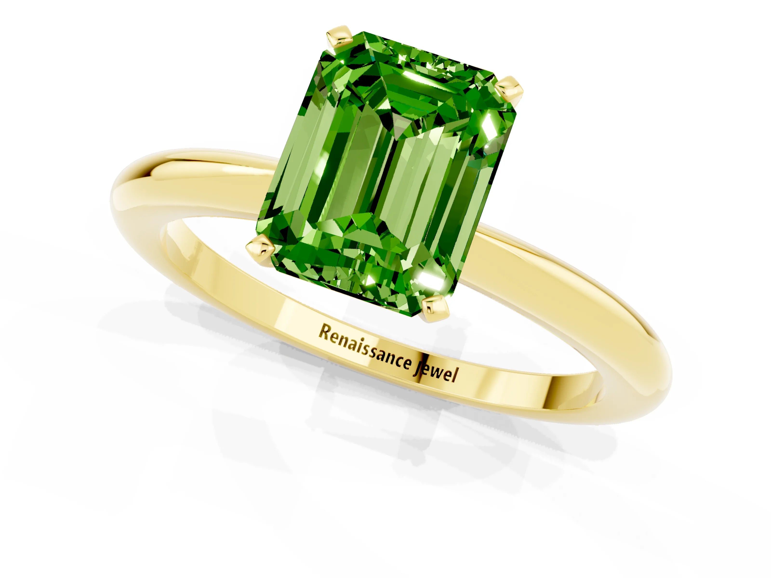 Yellow gold Emerald Cut Peridot Solitaire Ring with Six-Prong Setting and Classic Band_1