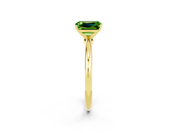 Yellow gold Emerald Cut Peridot Solitaire Ring with Six-Prong Setting and Classic Band