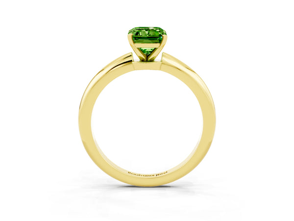 Yellow gold Emerald Cut Peridot Solitaire Ring with Six-Prong Setting and Classic Band