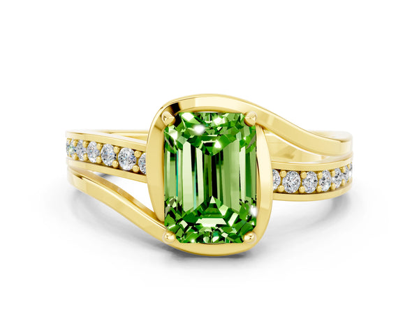 Yellow gold Emerald Cut Peridot Solitaire Ring with Split Shank and Prong Setting
