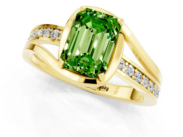 Yellow gold Emerald Cut Peridot Solitaire Ring with Split Shank and Prong Setting
