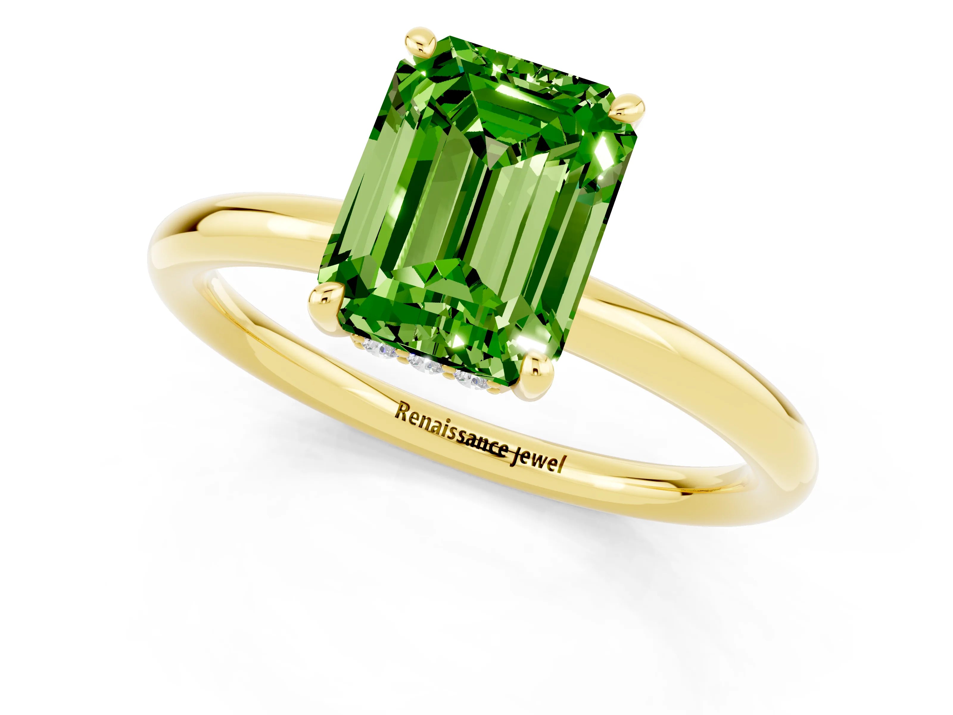 Yellow gold Emerald Cut Peridot Solitaire Ring with Thin Band and Four-Prong Setting_13