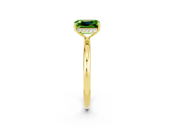 Yellow gold Emerald Cut Peridot Solitaire Ring with Thin Band and Four-Prong Setting