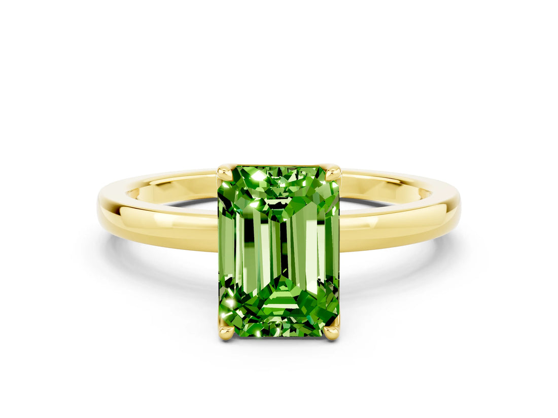 Yellow gold Emerald Cut Peridot Solitaire Ring with Thin Band and Prong Setting_12