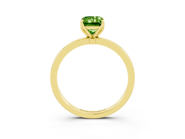 Yellow gold Emerald Cut Peridot Solitaire Ring with Thin Band and Prong Setting