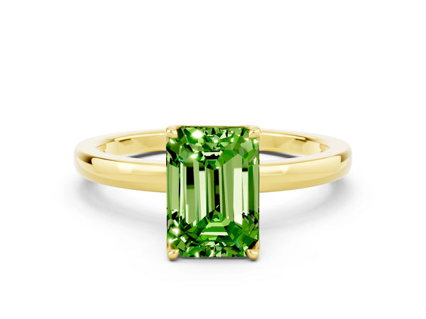 Yellow gold Emerald Cut Peridot Solitaire Ring with Thin Band and Prong Setting