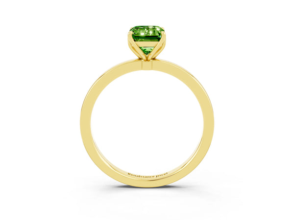 Yellow gold Emerald Cut Peridot Solitaire Ring with Thin Band and Prong Setting