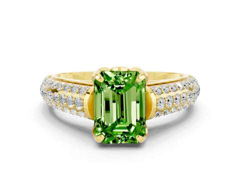 Yellow gold Emerald Cut Peridot Solitaire Ring with Three-Row Pavé Band and Four-Prong Setting_12